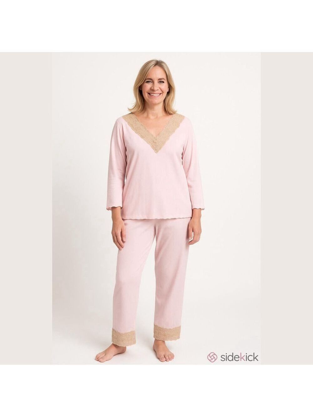 Cabernet Pink Tan Lace Trim Sleepwear Two Piece Pajama Set Size Medium